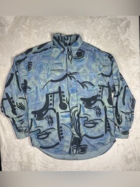 Silk Uomo Men’s Vintage Button Front Collared Art Deco Artsy Fact Eye Shirt M